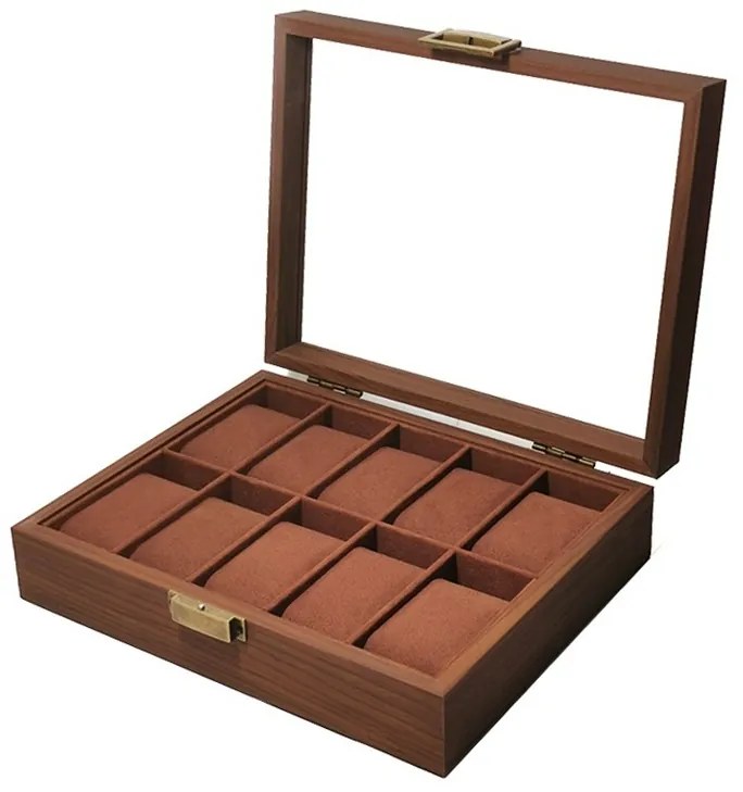 Cutie din Lemn pentru 10 Ceasuri LUXURY, Maro, Cu Capac Transparent