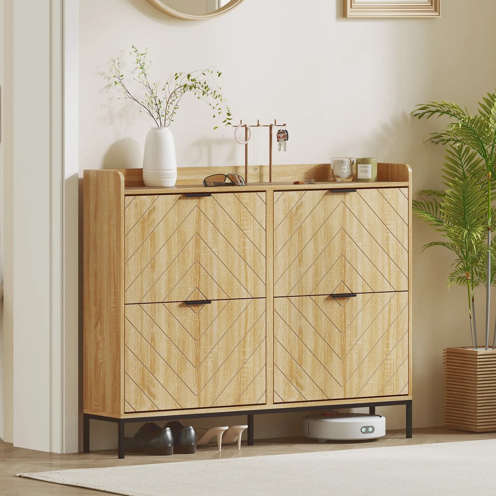 HOMCOM Mobila de pantofi 16 perechi cu 4 sertare, uși rabatabile, rafturi reglabile, 110 x 23,5 x 95,5 cm, stejar | Aosom Romania