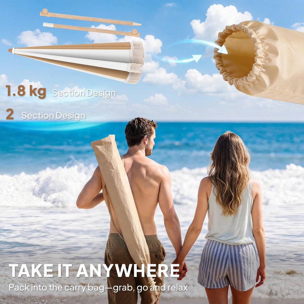 Outsunny Umbrelă de plajă cu franjuri Ø175 cm Umbrelă pentru terasă exterioară cu înălțime reglabilă Înclinare 30° Alb și Bej | Aosom Romania