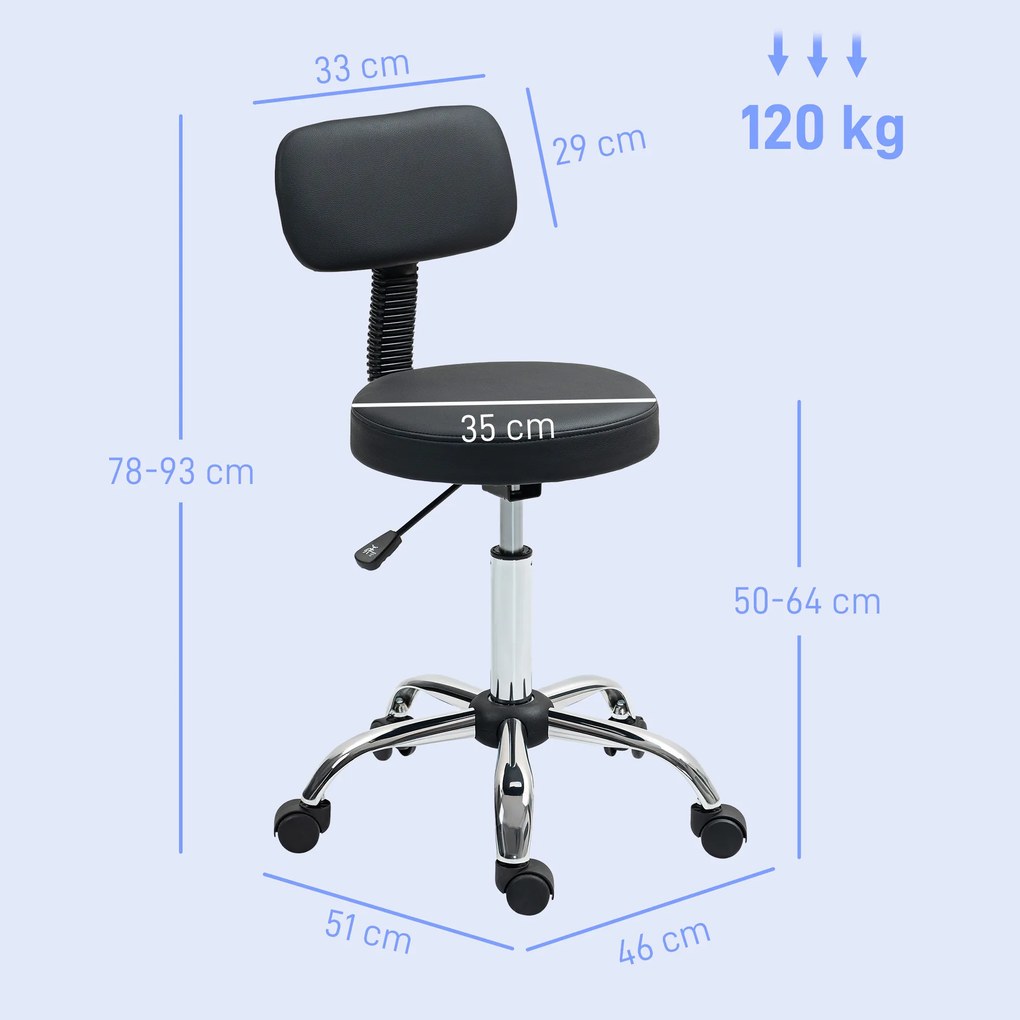 HOMCOM Taburet cu Roți, Rotativ 360°, Reglabil pe Înălțime, Piele Ecologică, Metal, 46x51x78-93 cm, Negru | Aosom Romania