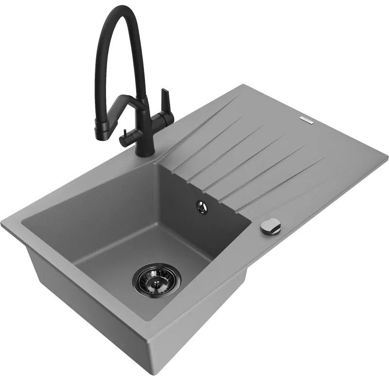 Mexen Cesar chiuvetă de granit cu un compartiment, cu picurător și baterie de bucătărie Duo, Gri - 6514-71-671701-70-B