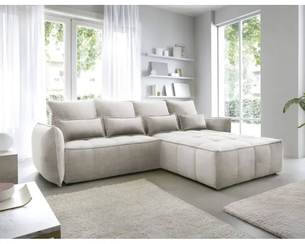 Colțar bej extensibil/cu spațiu de depozitare cu tapițerie din catifea (cu colț pe partea dreaptă/cu șezlong) Campo – ELTAP