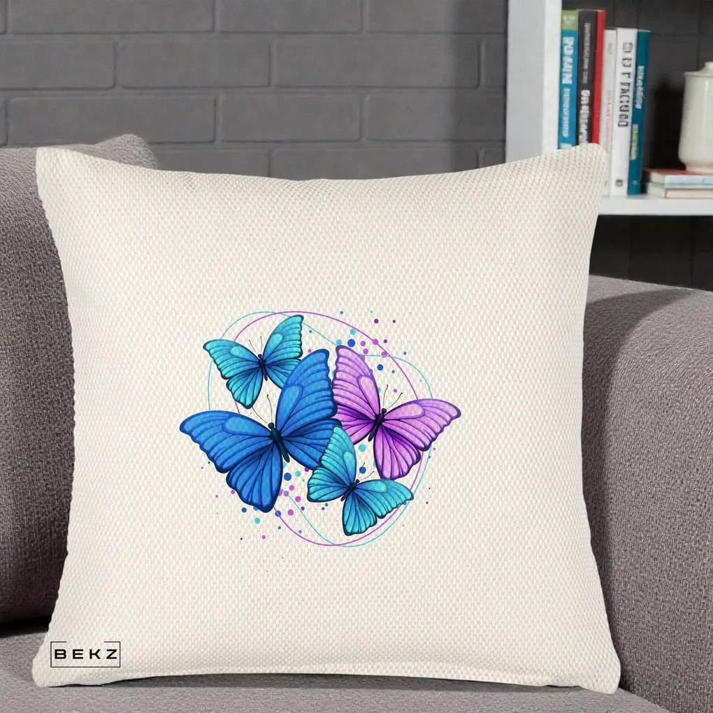 Perna Decorativa Patru Fluturi Turcoaz-Violet, 40x40 cm, Crem Reliefat, Husa Detasabila, Perna Inclusa, BEKZ®