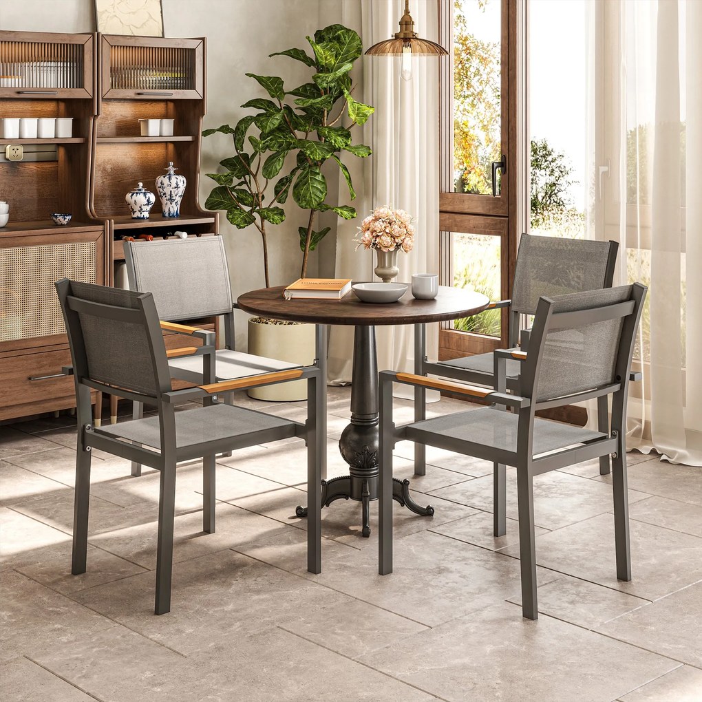 Outsunny Lot de 4 scaune de grădină, scaune de masă cu brațe efect de lemn cadru din aluminiu, gri deschis | Aosom Romania