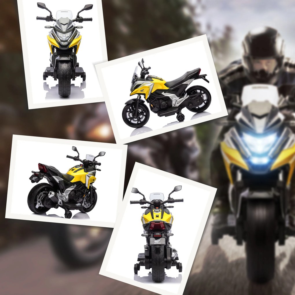 AIYAPLAY Motocicletă electrică pentru copii, Honda, 3 km/h, Muzică &amp; Lumină, 3-6 ani, până la 30 kg, Galben | Aosom Romania