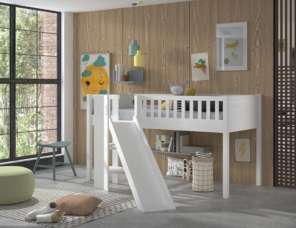 Set SCOTT este format din Pat copiiul loft cu tobogan, cortina de joacă ASTRO, tunel și 3 buzunare de depozitare.