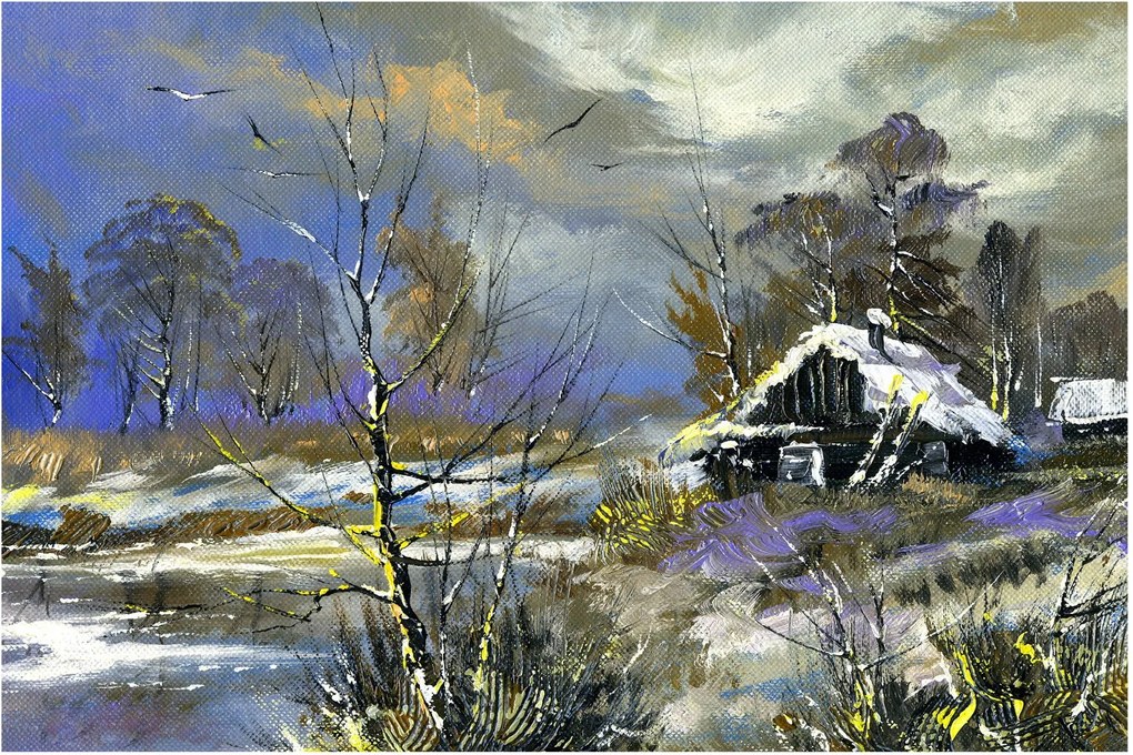 Tablou -Cabane într-un peisaj de iarnă, pictură în ulei (90x60 cm)