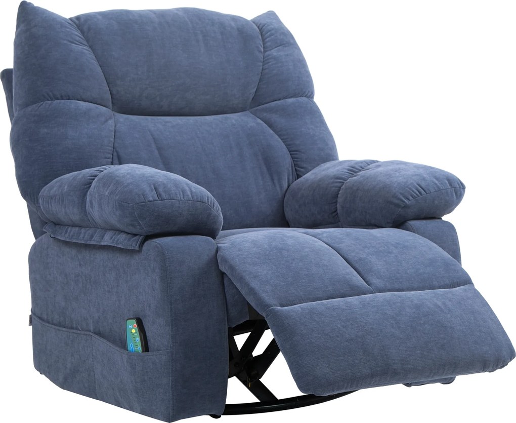 HOMCOM Fotoliu de masaj cu functie de incalzire si culcare, rotativ, pana la 150 kg, cadru metalic, 98x90x98cm, Albastru | Aosom Romania