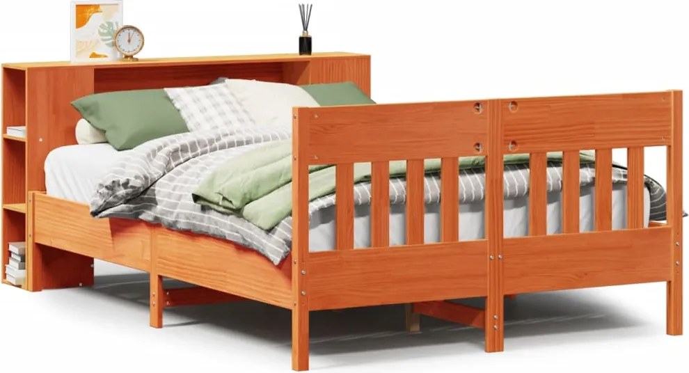 vidaXL Pat cu bibliotecă fără saltea maro 140x190 cm lemn masiv de pin