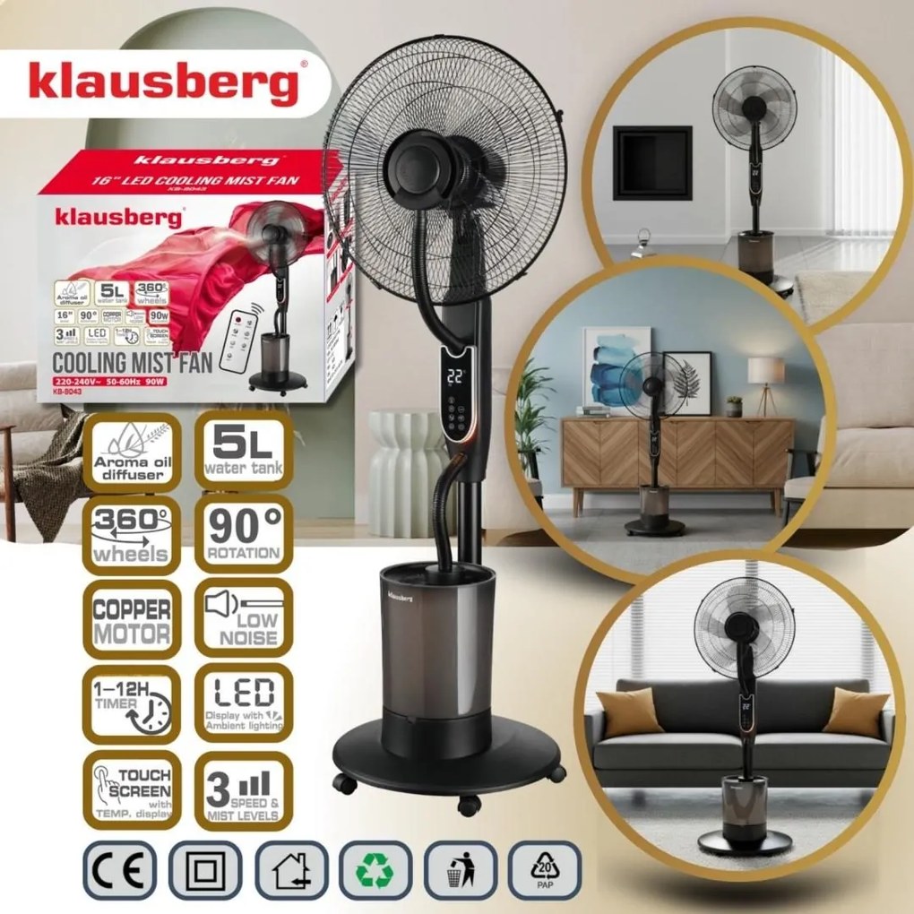 Ventilator cu picior Klausberg KB-9043, funcție de umidificare, 40 cm, negru
