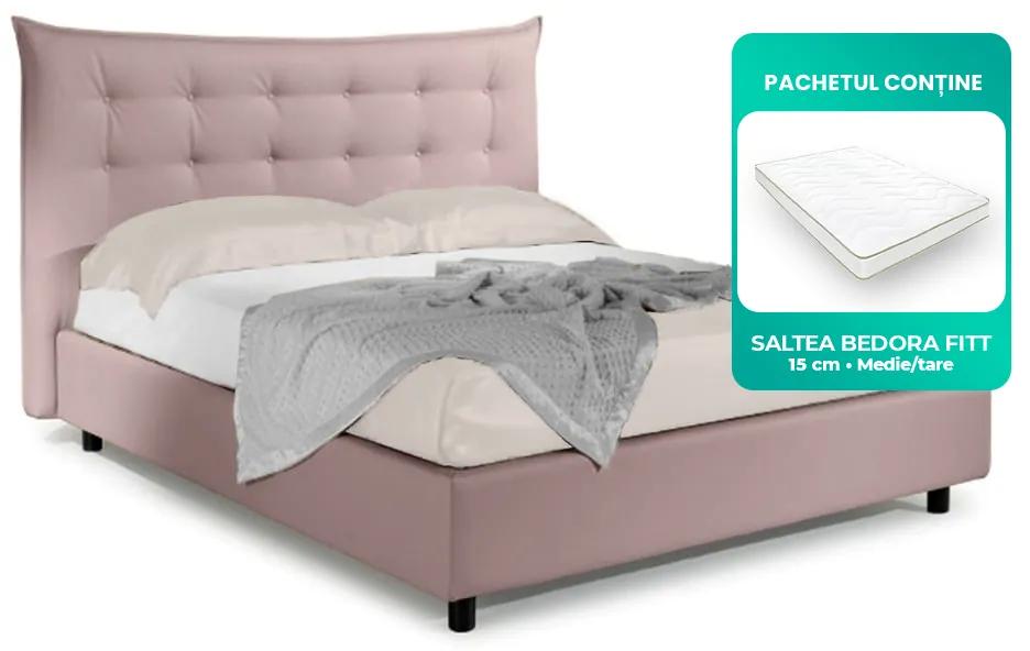 Pat Dormitor Matrimonial Bed&Sofa Debora iSomn 160x200 cm, lada de depozitare, stofa, roz deschis