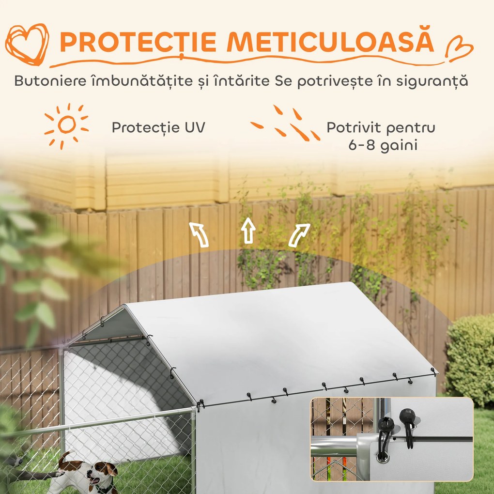 PawHut Țarc pentru Câini de Exterior cu Acoperiș Anti-UV Impermeabil și Boluri Rotative, 400x230x150 cm, Argintiu | Aosom Romania