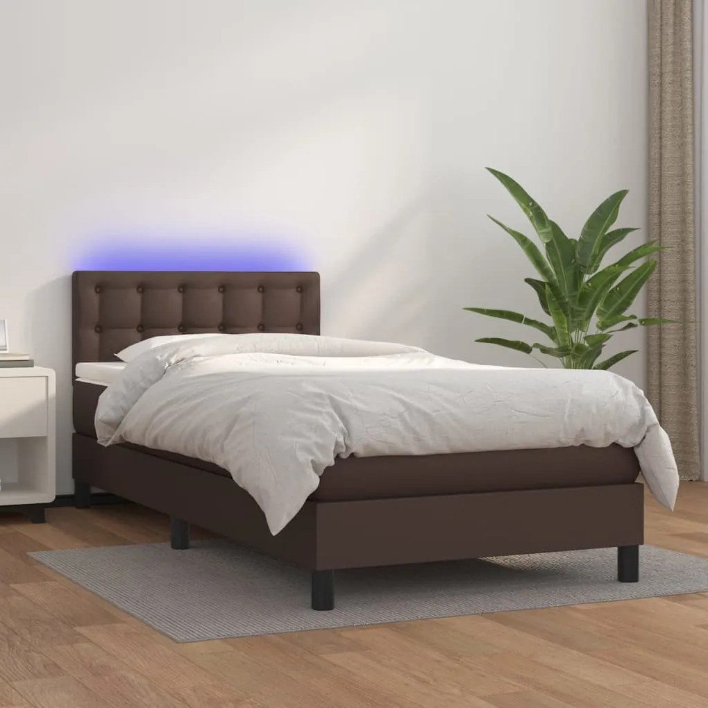 3134192 vidaXL Pat continental cu saltea și LED, maro, 80x200 cm, piele eco