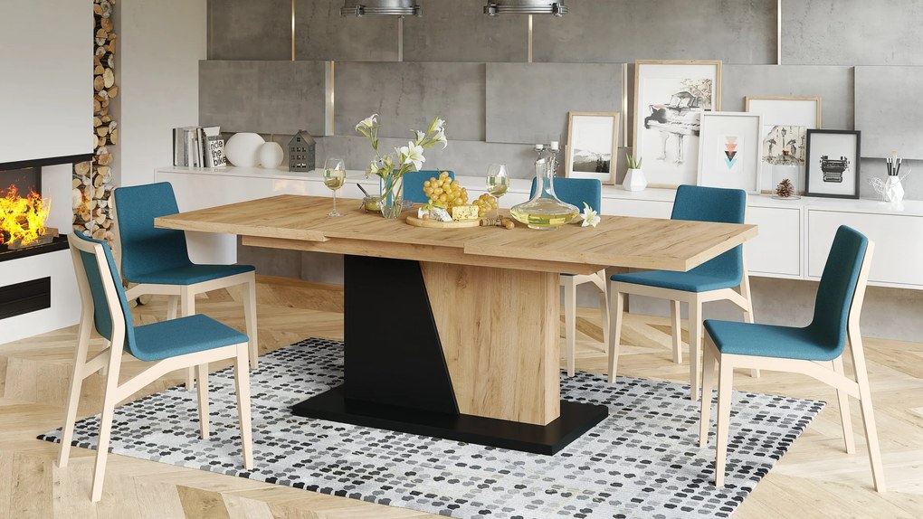 NOBLE NOIR Stejar Craft Auriu/Negru mat - MASĂ EXTENSIBILĂ până la 218 cm, pentru 8, 10 persoane.