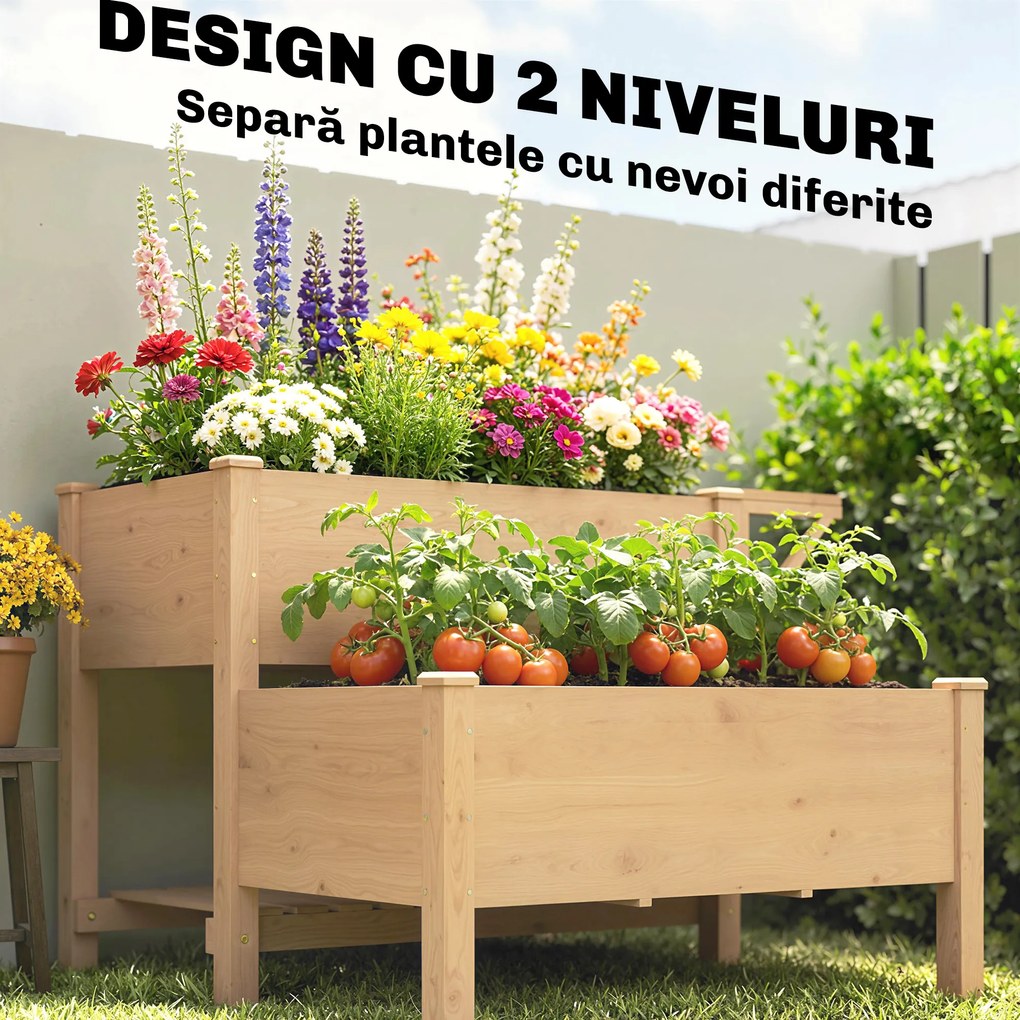 Outsunny Jardinieră Înălțată pe 2 Niveluri cu Rafturi Laterale și Inferior, Fabricată din Lemn de Brad cu Căptușeală și Orificii de Drenare, pentru Flori și Legume, 119,5x102x76,5cm, Maro Deschis | Aosom Romania