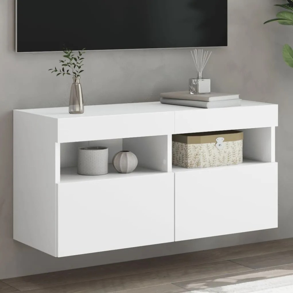 vidaXL Comodă TV de perete cu lumini LED, alb, 80x30x40 cm