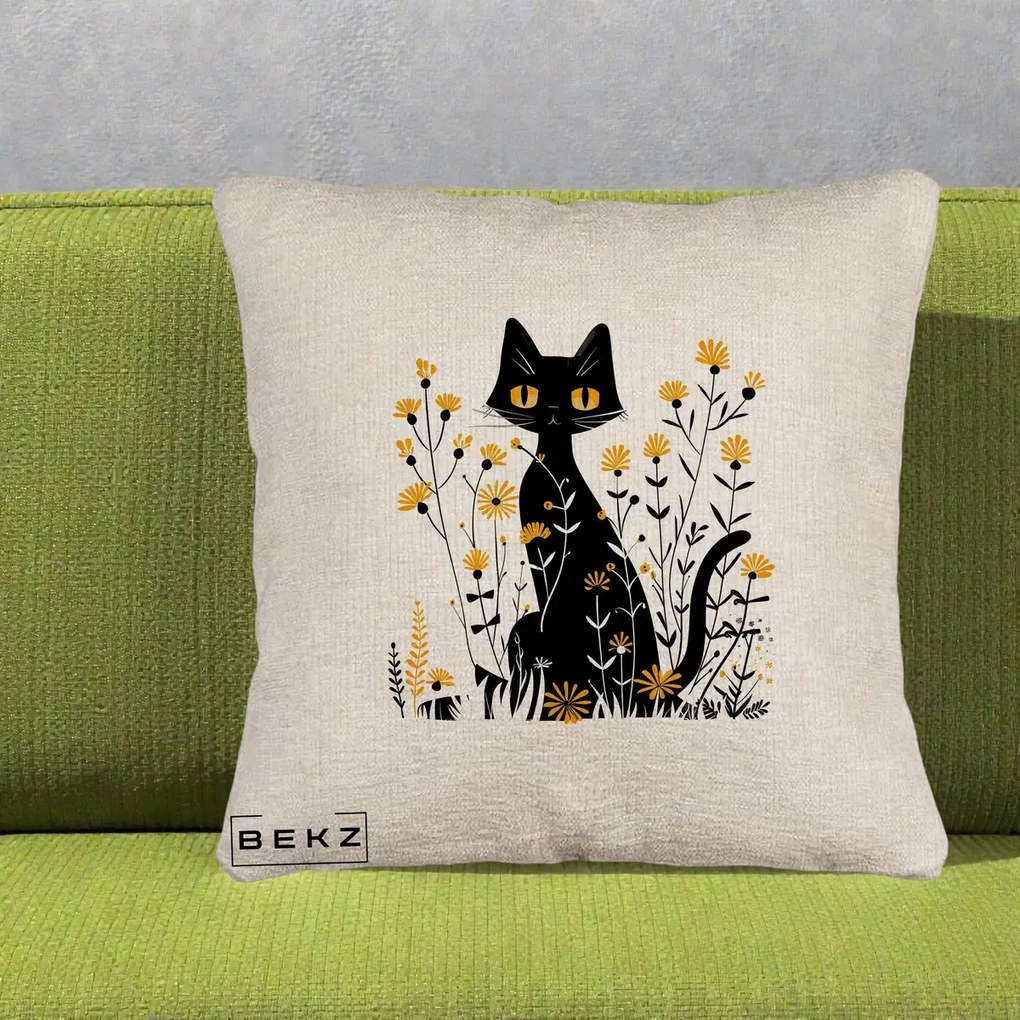 Perna Decorativa Pisica Neagra Ochi Galbeni Flori Galbene, 40x40 cm, Bej Canapea, Husa Detasabila, Perna Inclusa, BEKZ®