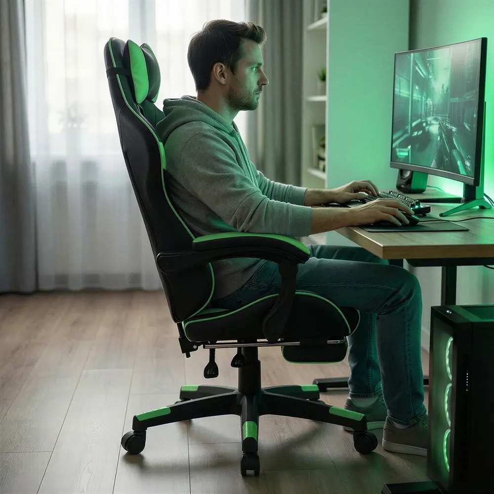 Scaun gaming, sistem iluminare bandă LED RGB, masaj în perna lombară, suport picioare, Negru/Verde