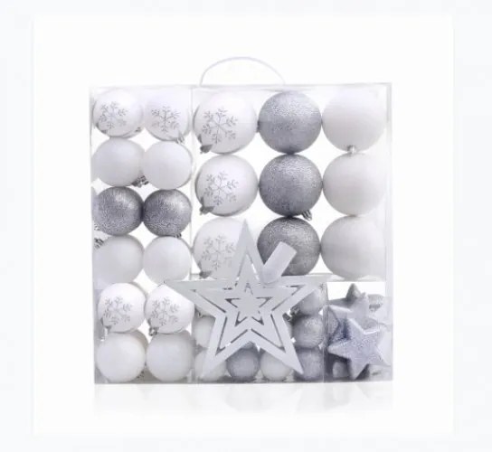Set 76 globuri si stelute pentru brad din plastic Lux Alb / Argintiu, Ø10 / Ø20 / Ø4 cm