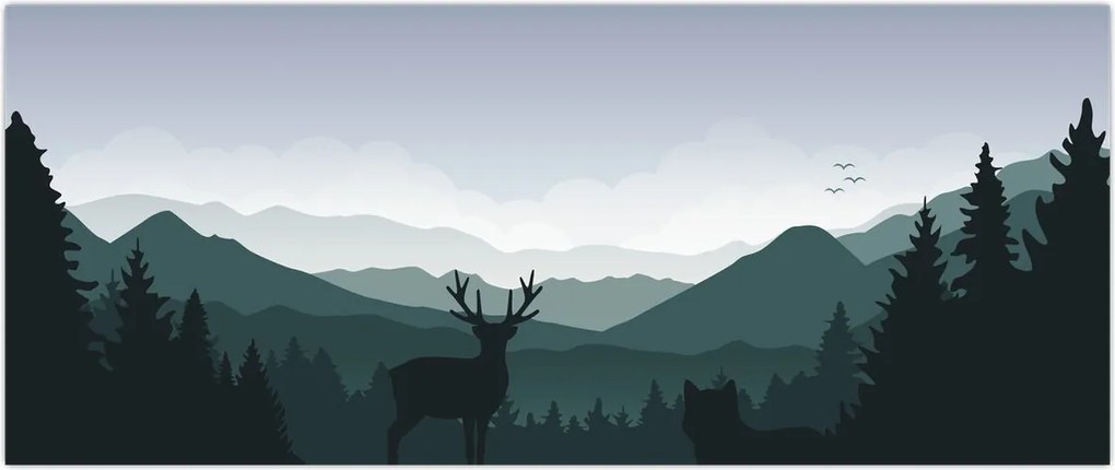 Tablou - Cerb cu lup pe stânci (120x50 cm)