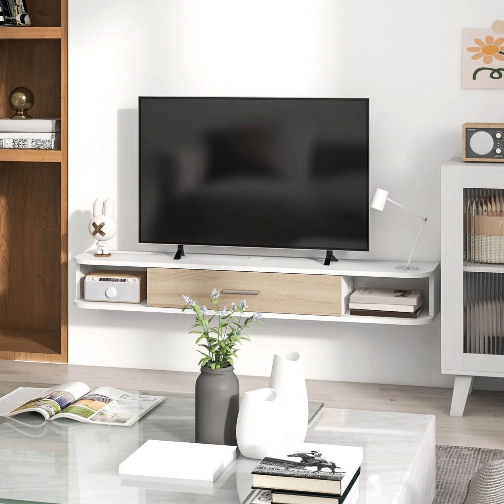 HOMCOM,Suport TV,Cu 2 Rafturi Deschise și Dulap cu Ușă Rabatabilă,MDF,120cm x 26cm x 16cm,Alb, gri | Aosom Romania