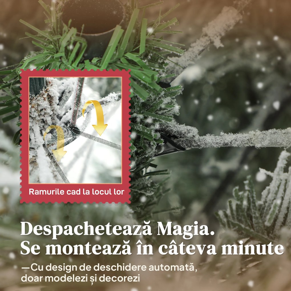 HOMCOM Brad de Crăciun Înnăpezit Înalt de 180 cm cu Bază Metalică Pliabilă Verde | Aosom Romania