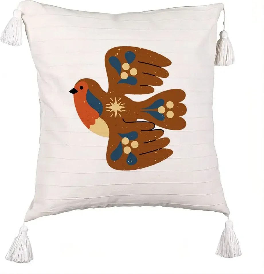 Perna Decorativa cu Franjuri, Model Pasare, 40x40 cm, Bej cu Franjuri, Husa Detasabila, Perna Inclusa, BEKZ®