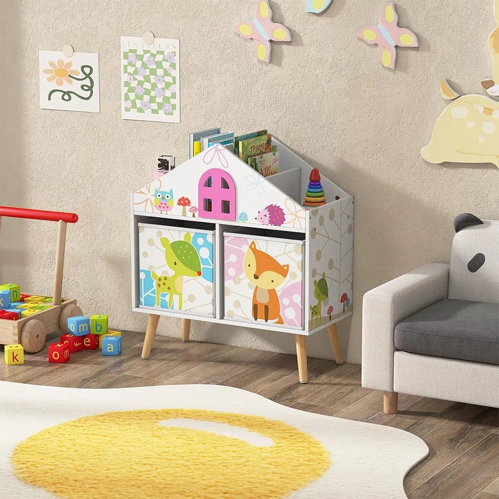 Mobilier pentru copii tip căsuță, cu rafturi și cutii de depozitare
