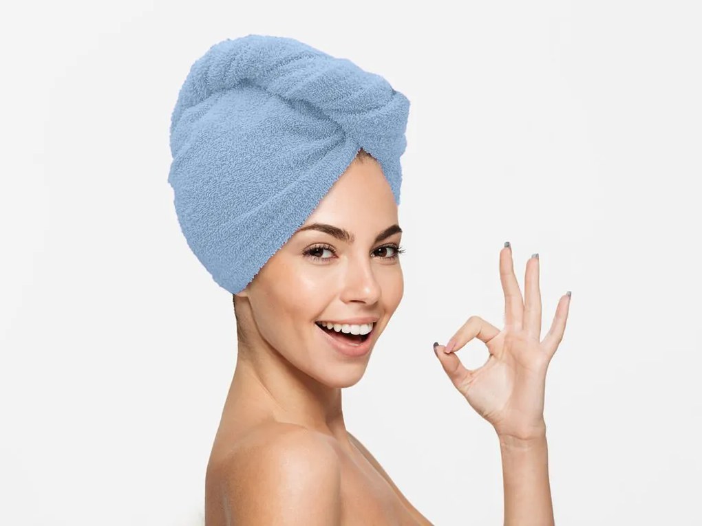 Prosop turban albastru deschis cu uscare rapida, 100% bumbac