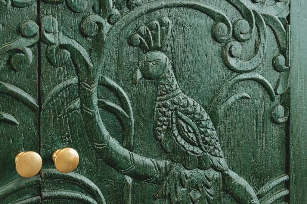 Comoda PEACOCK 175cm lemn de mango verde sculptat 3D cu design paun