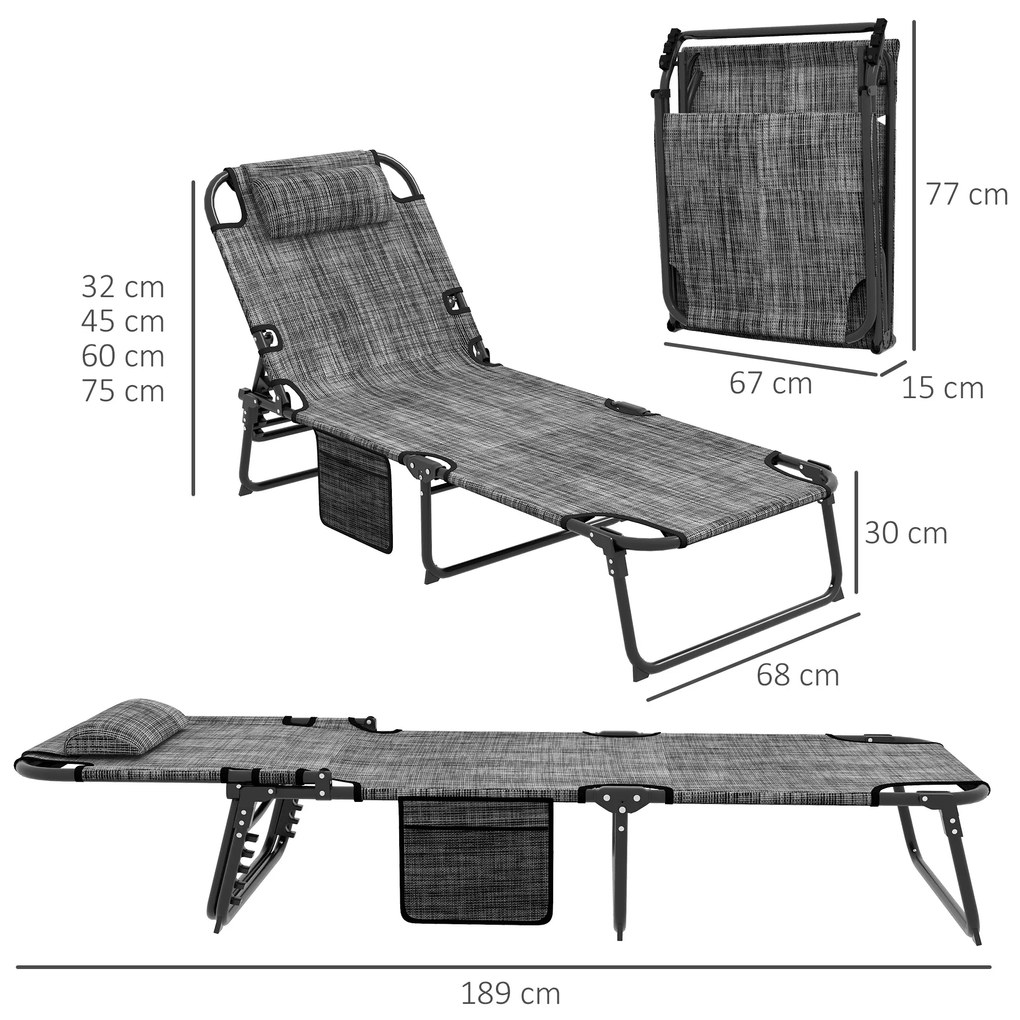 Outsunny Sezlong pliabil cu spatar inclinabil pe 4 nivele, Scaun de plaja pentru exterior cu perna, buzunar lateral,tetiera, Gri