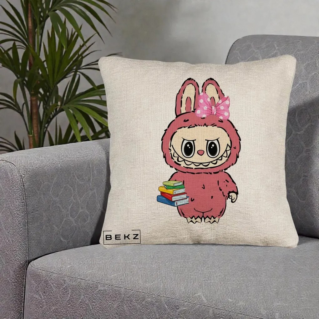 Perna personalizata Labubu Roz cu Funda si Carti, 40x40 cm cu Umplutura, Bej Canapea, BEKZ