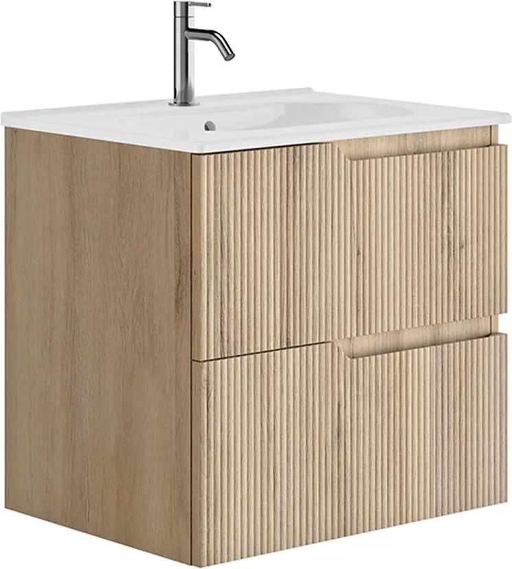 Set dulap baza suspendat Gala Canaletto 2 sertare 60 cm finisaj lemn bej si lavoar Luc alb