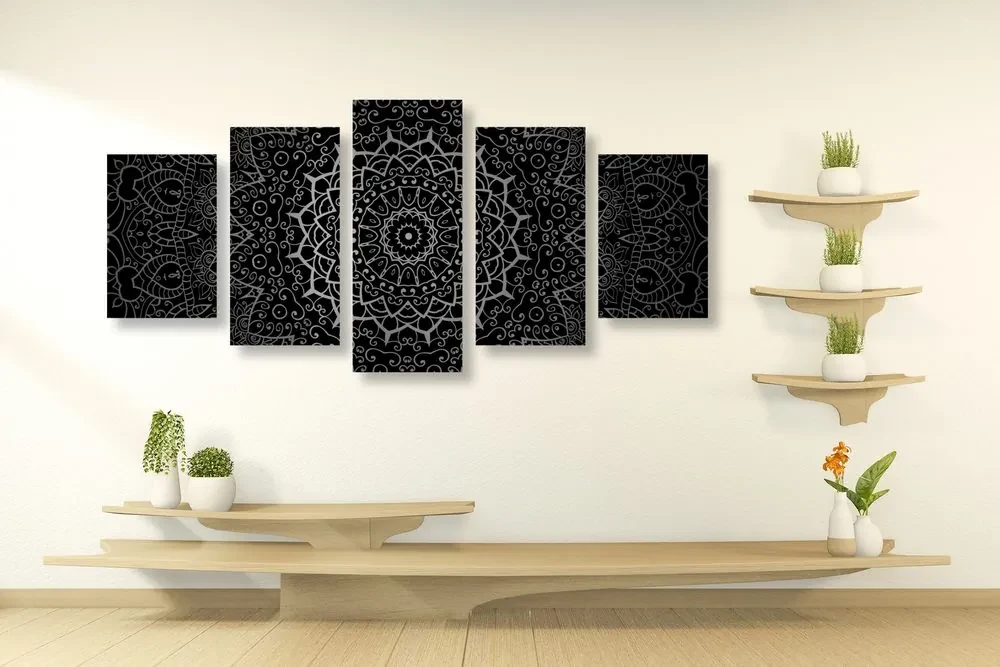 Tablou 5-piese Mandala vintage în stil indian în design alb-negru