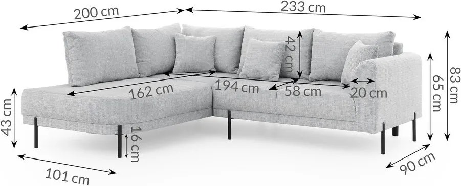 Colțar gri deschis cu tapițerie din chenille (cu colț pe partea stângă/în formă de ”L”) Mauris – Ropez