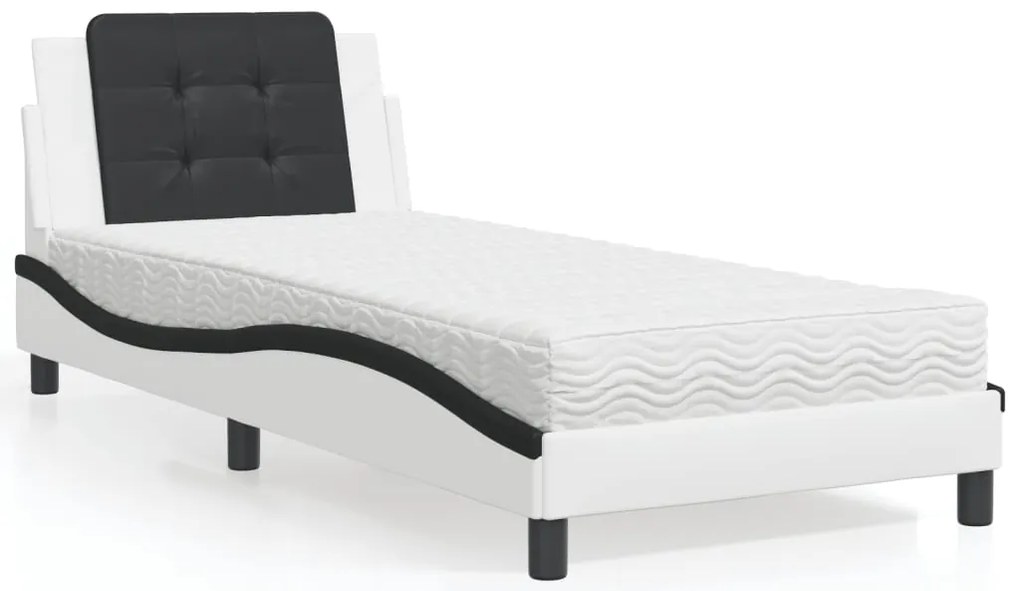 vidaXL Pat cu saltea, alb și negru, 90x190 cm, piele ecologică