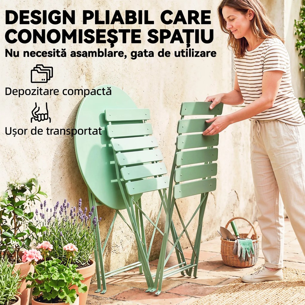 Outsunny Set Grădină Bistro: Masă Rotundă și Scaune Pliabile pentru 2, Verde Deschis. | Aosom Romania