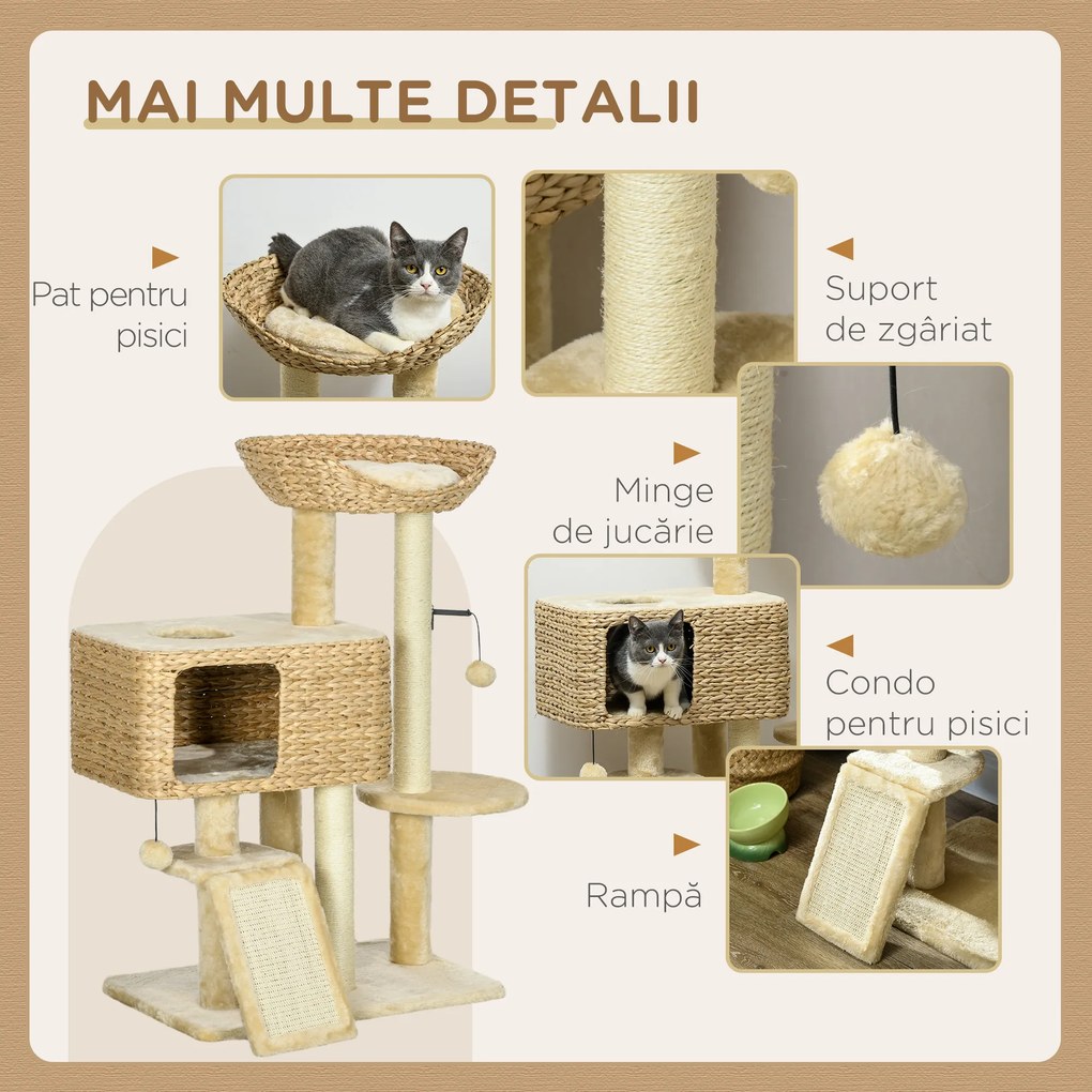 PawHut Arbore de Zgâriat pentru Pisici cu Căsuță, Stâlp și Bilă de Joc, 60x40x95 cm, Bej | Aosom Romania