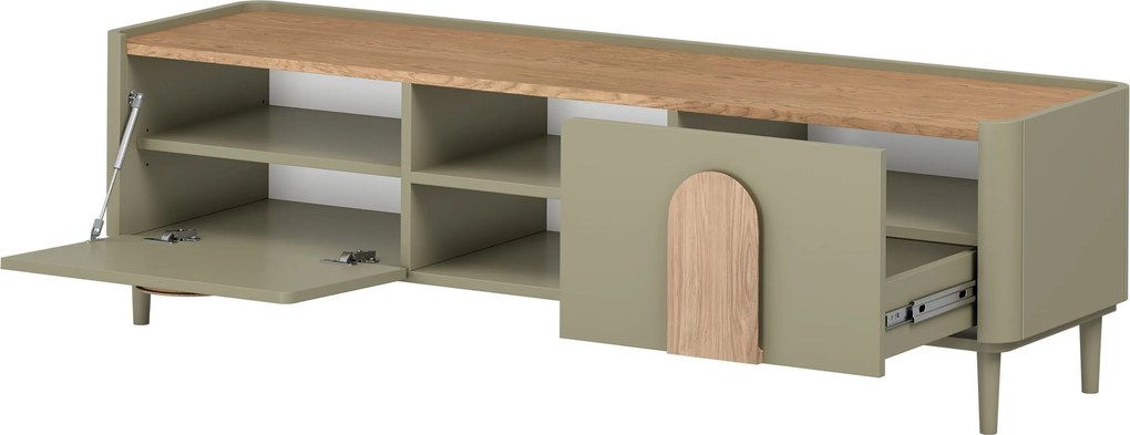 Comodă TV Amilio 170 cm cu sertar pe picioare - eucalipt / stejar baltic dune / mânere stejar natural