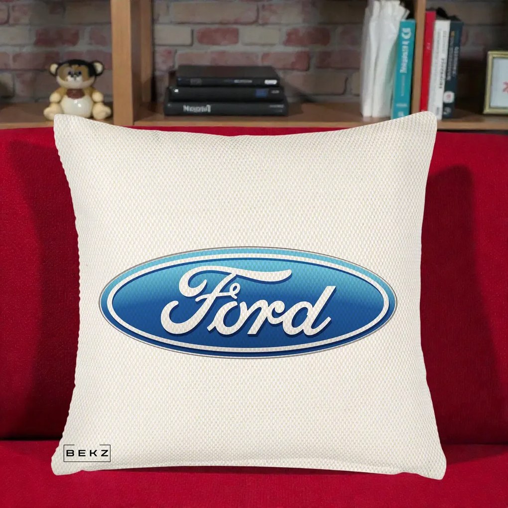 Perna Personalizata cu emblema Ford, 40x40 cm, Crem Reliefat, Husa Detasabila, Perna Inclusa, BEKZ®