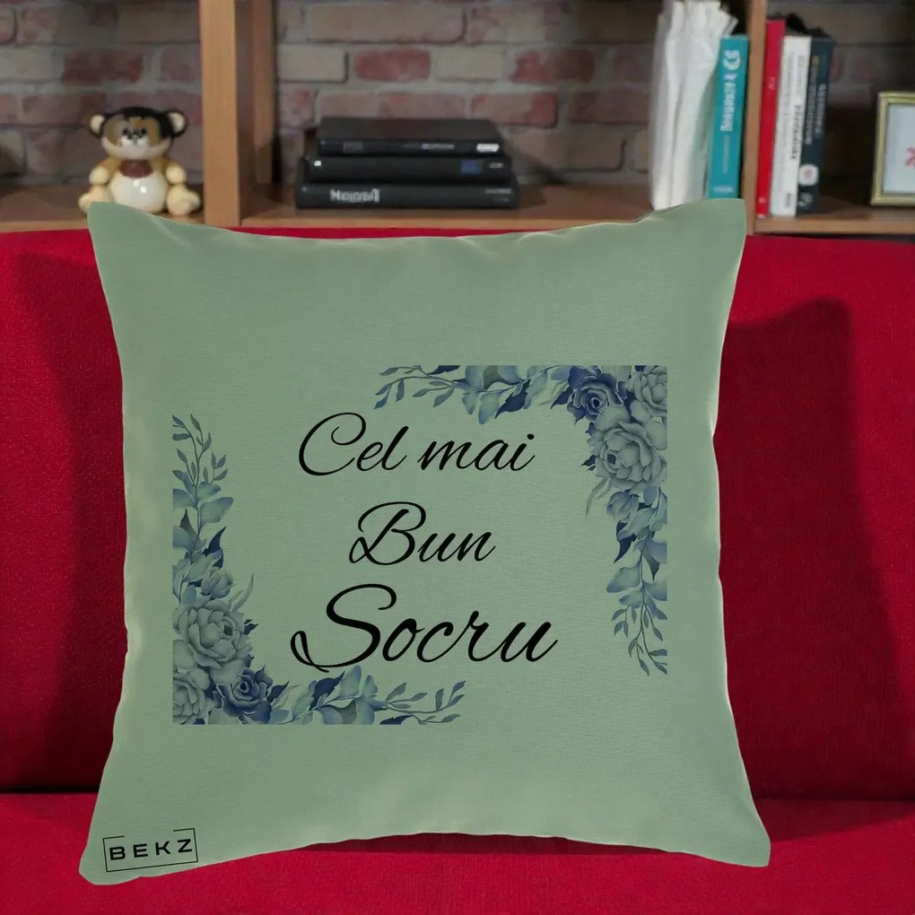 Cadou pentru Socru - Perna Personalizata Cel mai Bun Socru cu Flori Albastre Acuarela, 40x40 cm, Verde, Husa Detasabila, Perna Inclusa, BEKZ®
