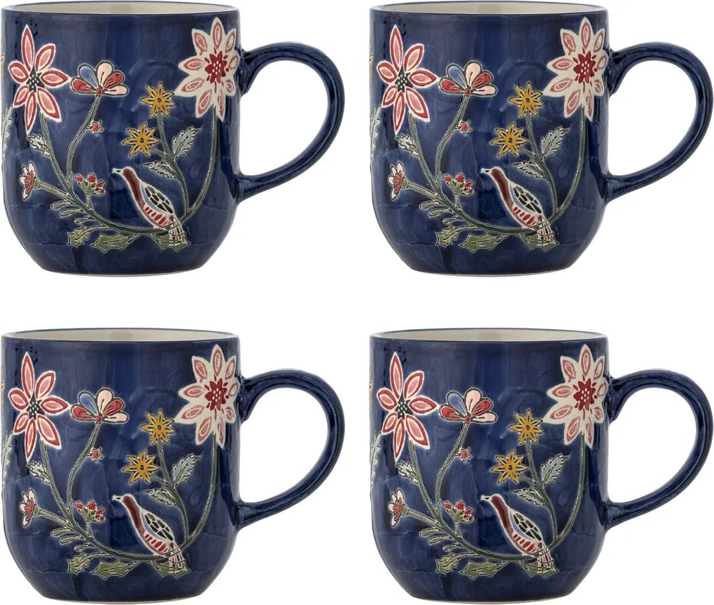 Set 4 căni din ceramică albastră cu păsări și motive florale pictate manual, 455 ml, 9,5×10,5 cm, „Meredith"
