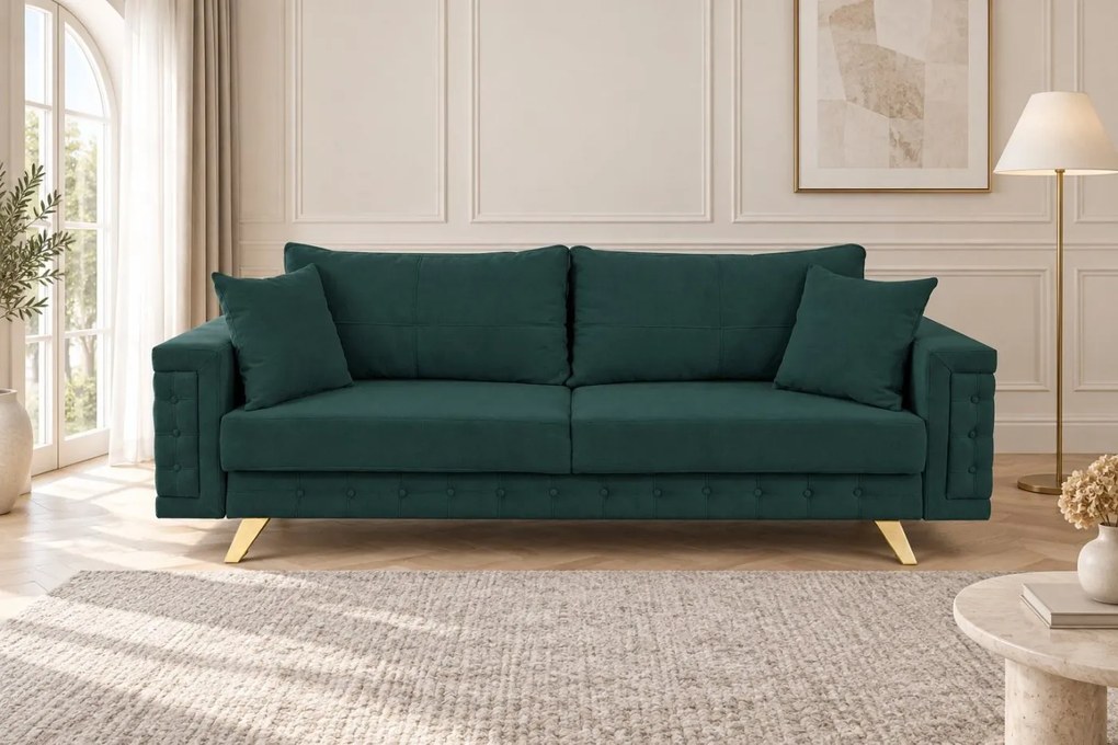 Canapea extensibilă Rosalia din stofă, verde, picioare aurii, cu ladă de depozitare