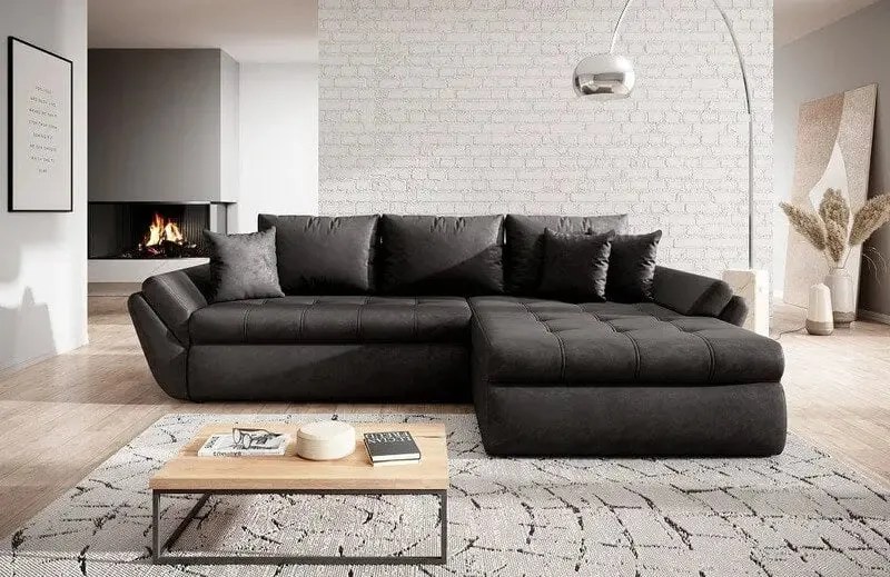 Colțar extensibil dumonde cu ladă de depozitare si sezut confortabil din spuma high-density, Loana Madagaskar Black II 270x185 cm