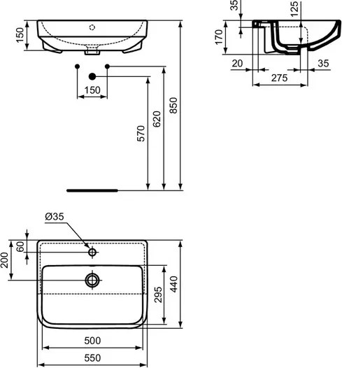 Lavoar semiincastrat Ideal Standard i.life B alb lucios 55 cm cu orificiu baterie si preaplin