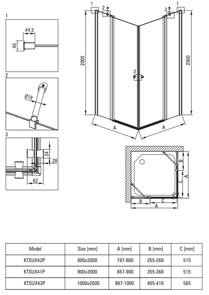 Usa sticla dus batanta 90x200 cm profil crom Deante Kerria Plus 900x2000 mm, Crom lucios