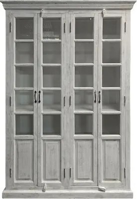 Vitrină mare din lemn masiv de mango cu 4 uși vitrate și 3 rafturi, finisaj décapé alb, 135×50×210 cm, „Vendôme"