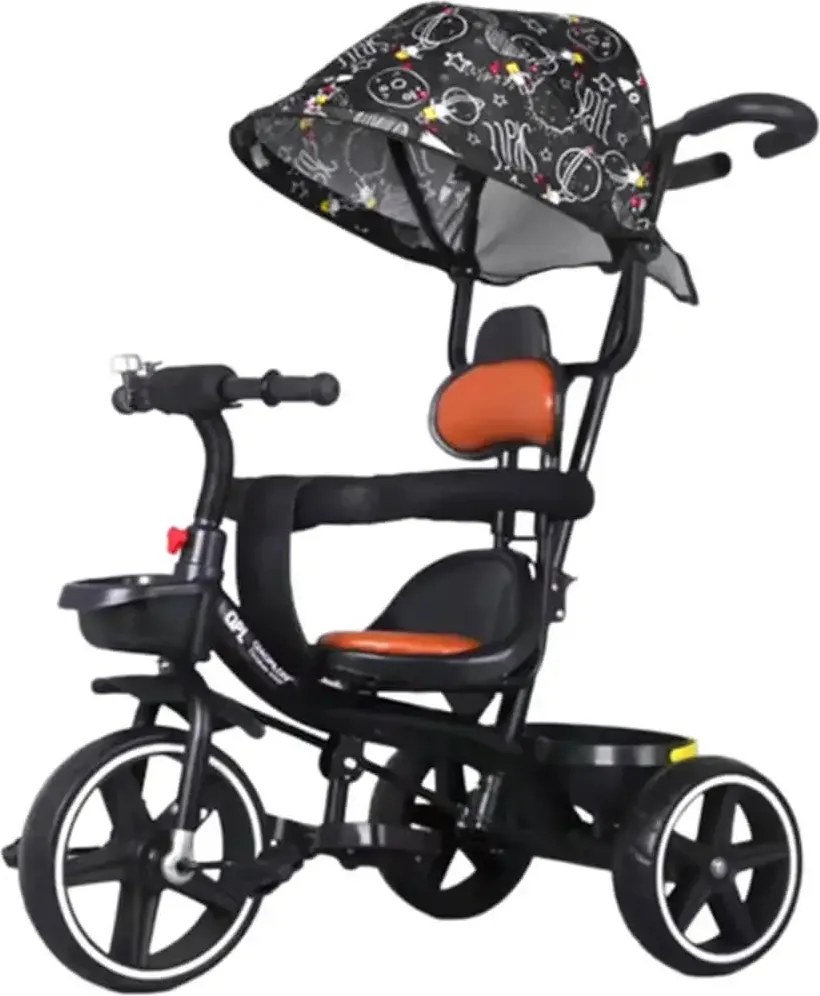 Tricicleta cu pedale si maner parental pentru copii 2-6 ani, NBW, copertina retractabila, Negru