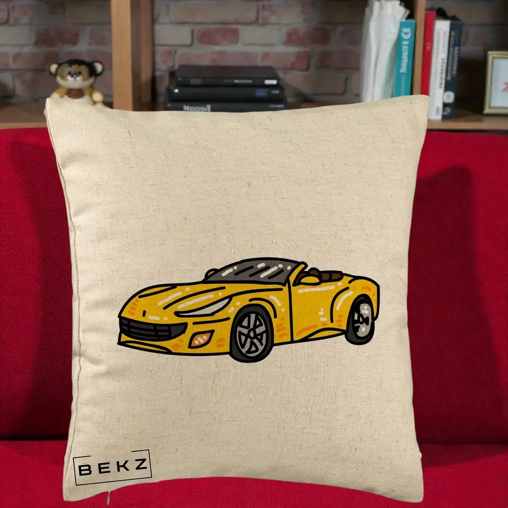 Perna Personalizata Masina Cabriolet Galbena Grafic, 40x40 cm, Bej, Husa Detasabila, Perna Inclusa, BEKZ®