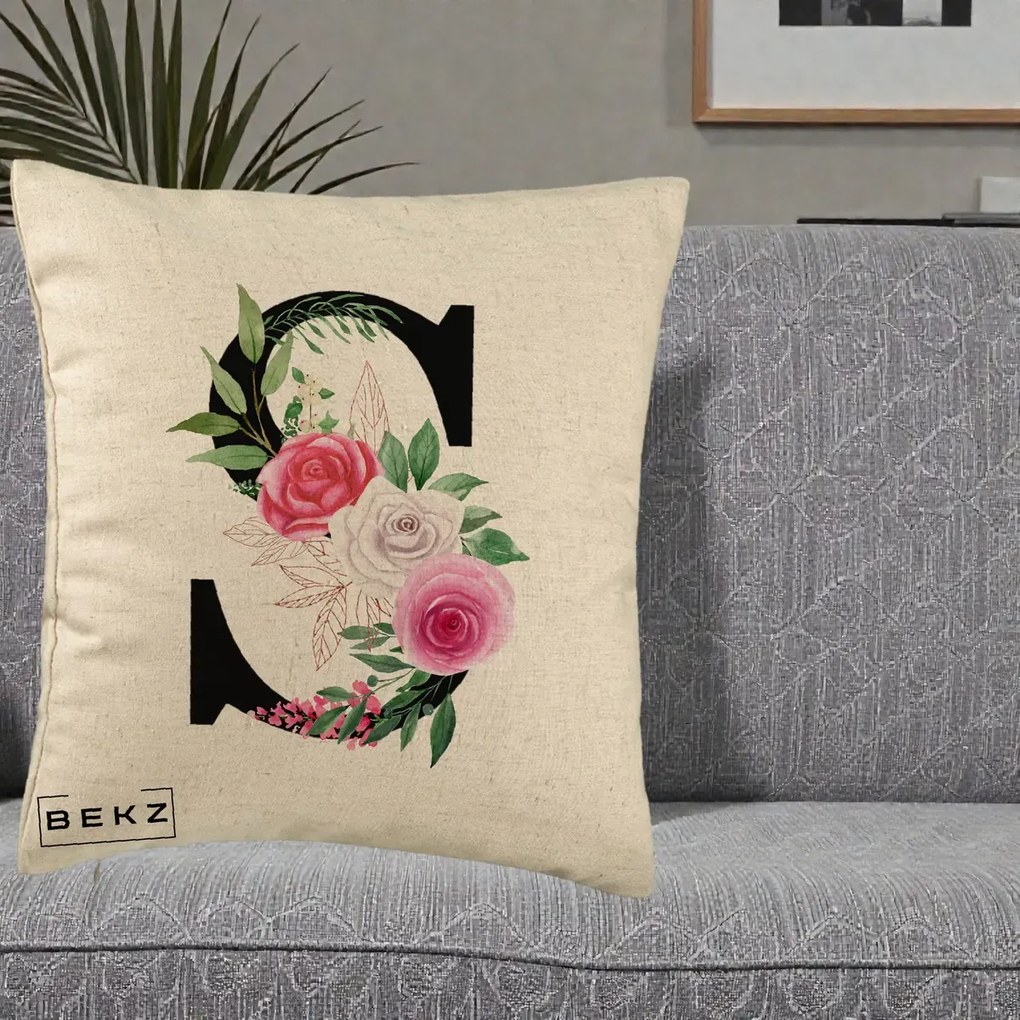 Cadou Personalizat - Perna Personalizata Monograma Florala Litera S, 40x40 cm, Bej, Husa Detasabila, Perna Inclusa, BEKZ®